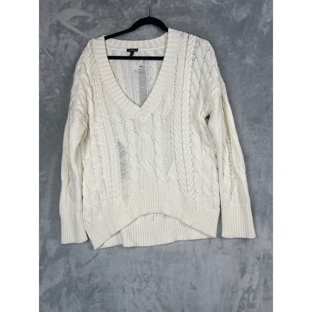 EXPRESS Womens Sweater Cream Cable Knit V Neck Oversized Distressed Medium - Picture 2 of 12